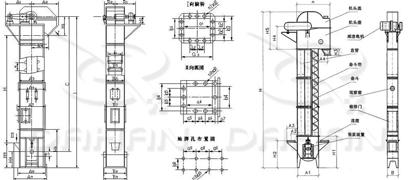 TD/D型斗式提升機(jī)基本結(jié)構(gòu):機(jī)頭蓋，機(jī)頭座，減速電機(jī)，直管，底座，緊張裝置等。