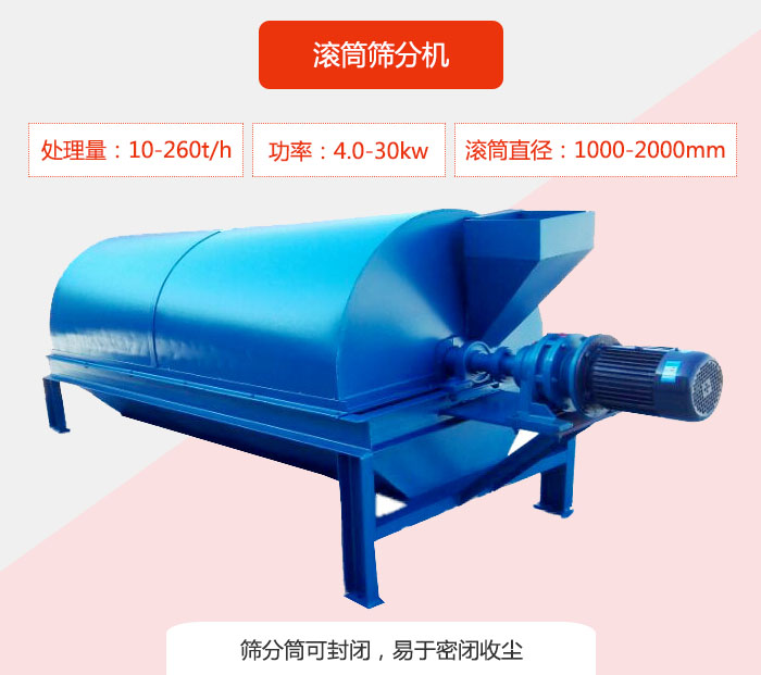 滾筒篩分機：處理能力：10-260t/h  功率：4.0-30kw 滾筒直徑：1000-2000mm 篩分筒可封閉，易于密閉收塵