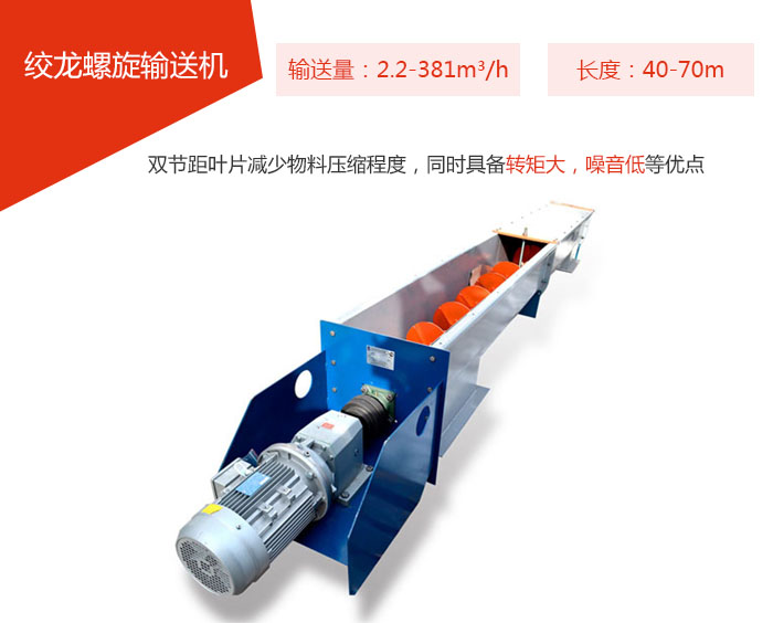 絞龍螺旋輸送機(jī)輸送量：2.2-381m3/h 長度：40-70m 雙節(jié)距葉片減少物料壓縮程度，同時(shí)具備轉(zhuǎn)矩大，噪音低等優(yōu)點(diǎn)。